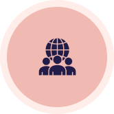 People with globe icon on pink background.
