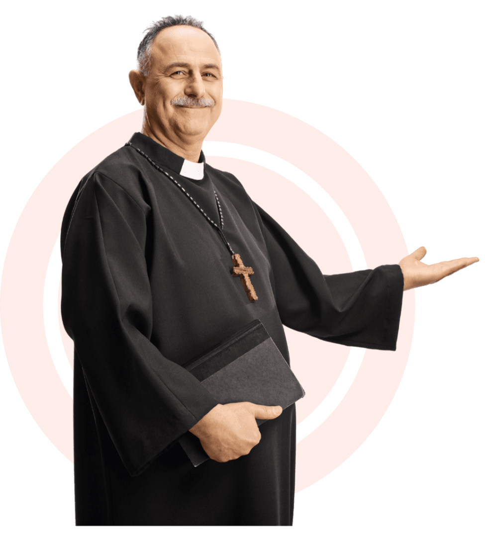Priest holding book, gesturing with hand.