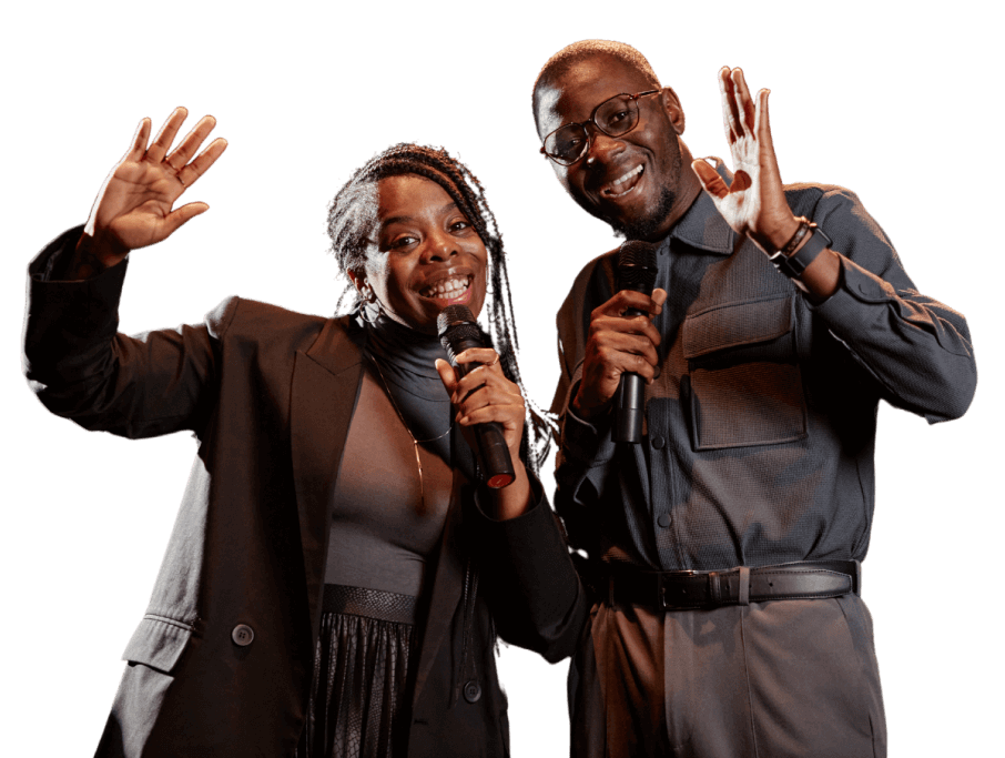 Smiling presenters waving, holding microphones