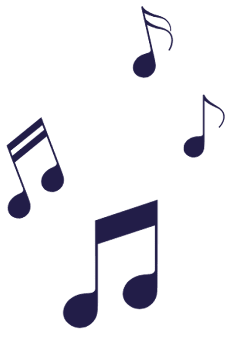 Dark background with floating musical notes.